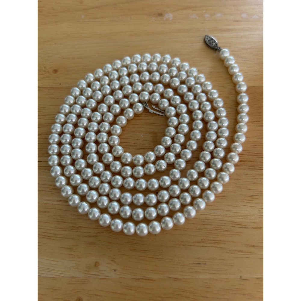 Vintage Sterling Silver Clasp On  Rope/ Long Strand Of 46" Lucite‎ Faux Pearls